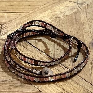 Handmade Natural Multi-Color tourmaline Bead triple Wrap brown leather Bracelet
